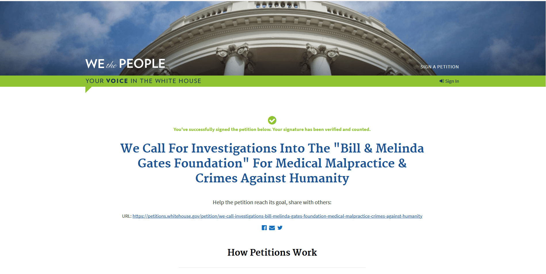 我們要求美國政府調查比爾&梅琳達基金會造成的醫療事故和反人類罪行(美國白宮請願網站連署活動)